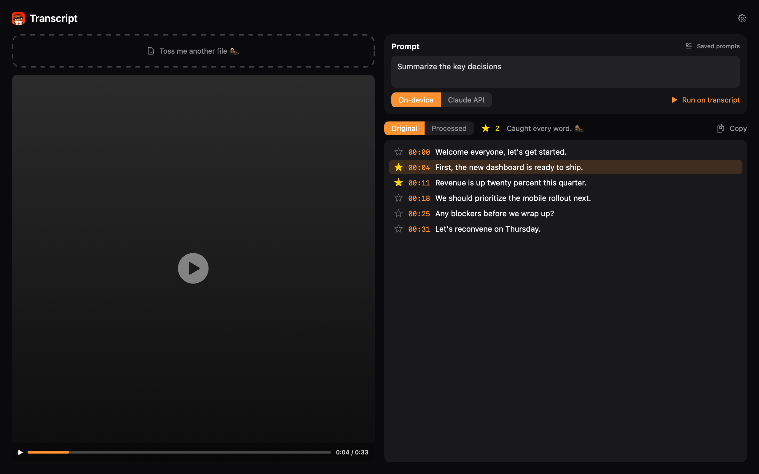 Transcript app — video on the left, timestamped transcript on the right